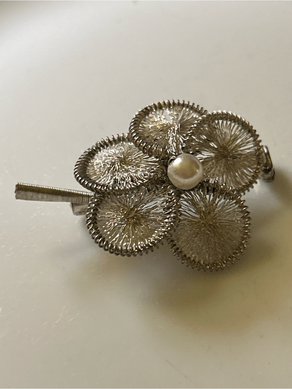 Vintage Silver Floral Filigree Brooch faux Pearl Accent pin